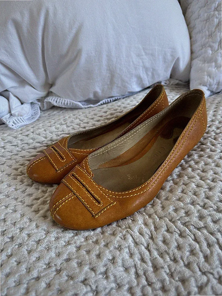 Chloe Orange Hellbraun Leder Slipper Flache Halbschuhe Ballerinas Fit 40 GETRAGEN Designer