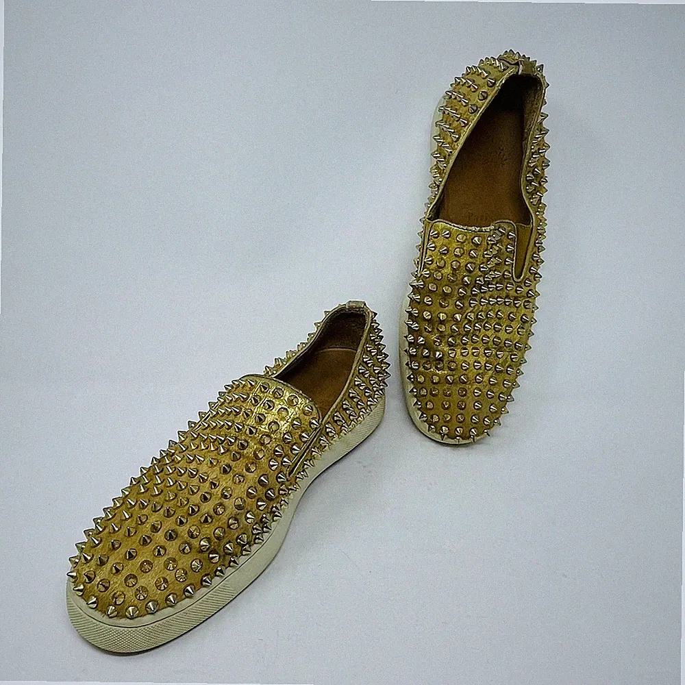 Christian Louboutin Mens Shoes 40.5 Gold Leather Spikes Roller Boat Pony Hair
