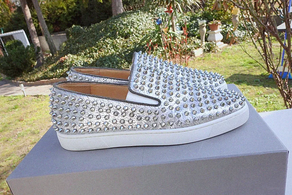CHRISTIAN LOUBOUTIN SHOES 42 shoe loafer loafers spikes slipper slippers silver