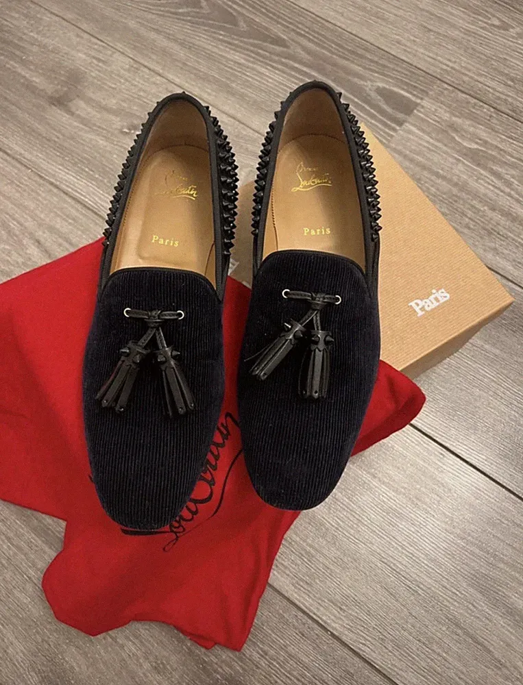 Christian Louboutin Tassilo Flat Veloursleder Loafer Navy/Schwarz EU 43,5 Spikes