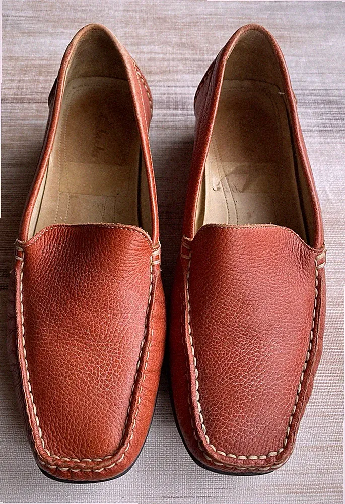 Clarks Damen Leder Slipper Loafer Mokassins Gr. 39 UK 6 Orange Braun Bequem Top
