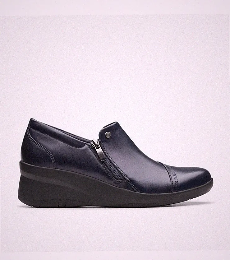 Clarks Neu mit Karton Damen Keilabsatz Schuh SUTTYN ZIP Navy Leder UK 5,5 D EU 39