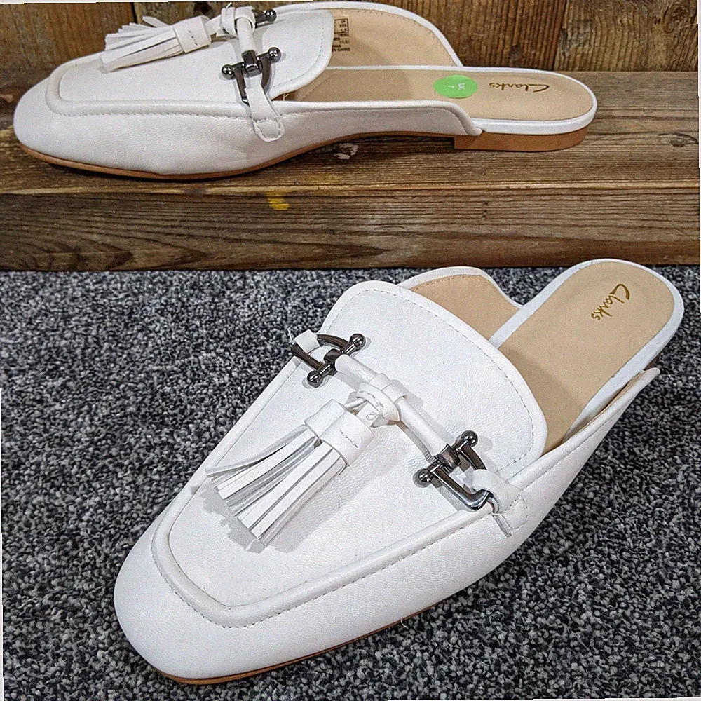 Clarks Pure2 Trim White Leather Mules UK 7 D Slipper Tassel Loafer Flats Smart