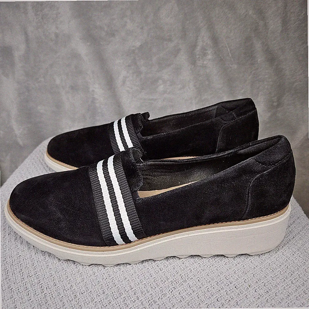 Clarks Sharon Bay Loafer Women's 10 W Black Suede Slip On Wedge 61193705 EUC