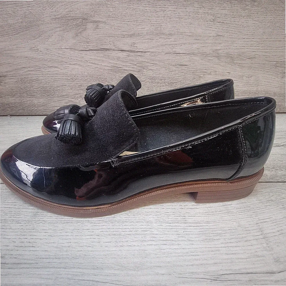 Clarks Somerset Halbschuhe schwarz Wildleder Leder Slipper Quasten Blockabsatz UK 6 D