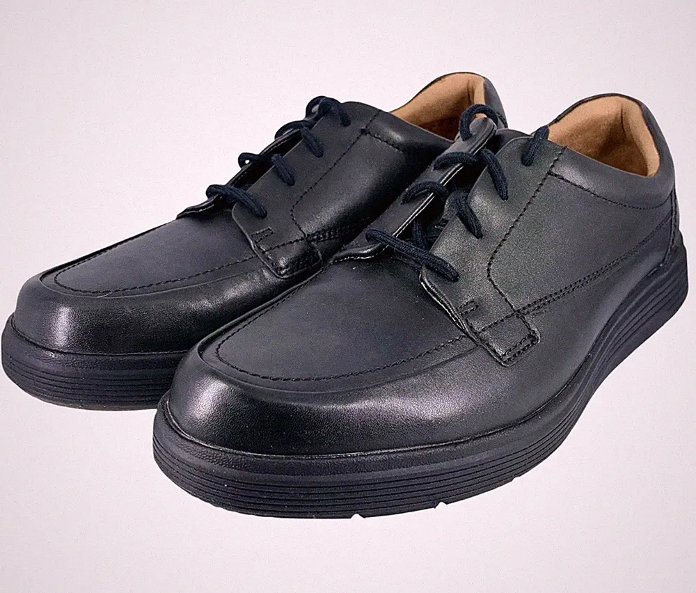 Clarks Un Abode Ease Herrenschuhe UK 9,5 H schwarz Leder breite Passform gepolstert bequem