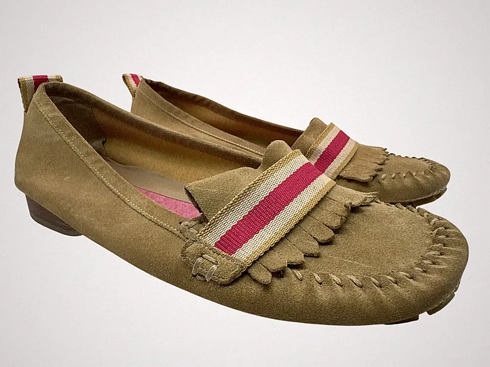 Clarks Wildlederschuhe Damen beige Fransen Halbschuhe Slipper flache Schuhe UK 6,5