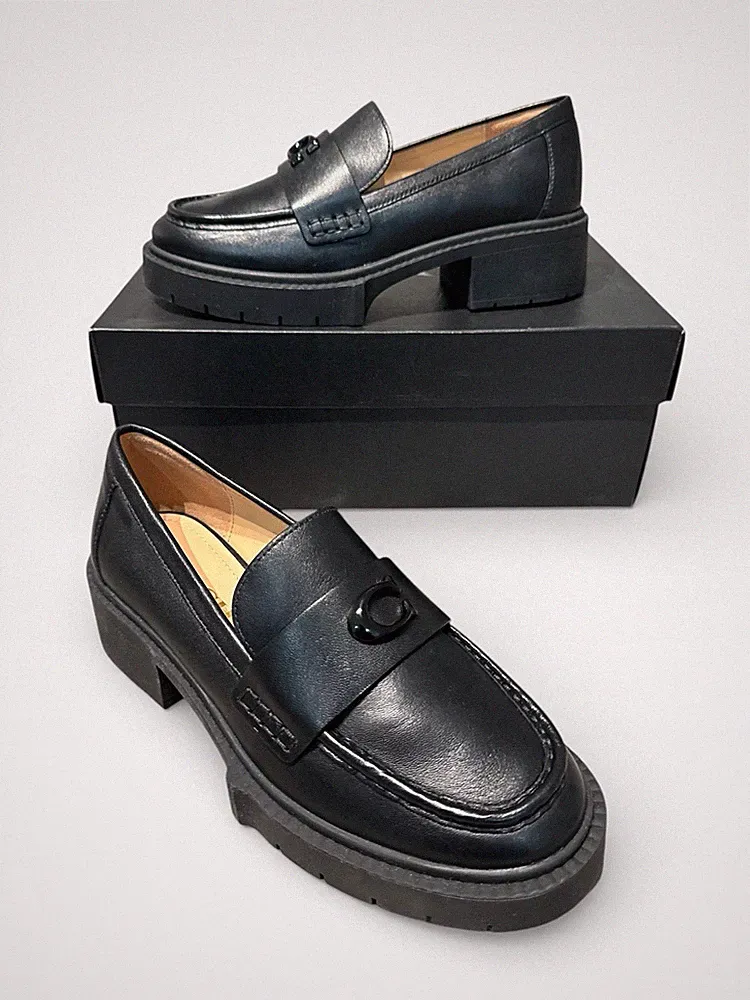 Coach Leah Loafer Schuhgröße 4 UK schwarz Leder C Logo klobige Sohle & Absatz NEU