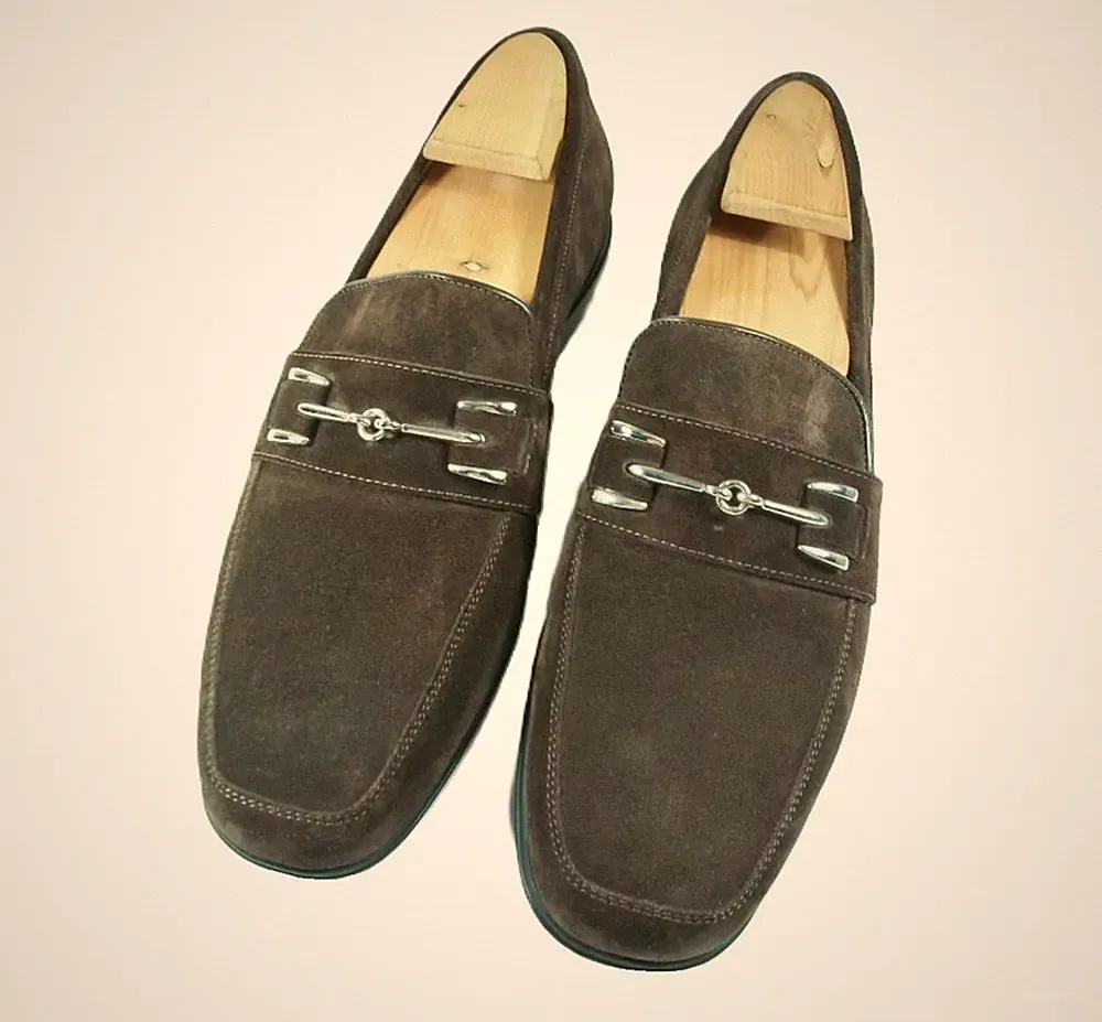 COLE HAAN - Brown Suede Loafers - Chrome Buckle - Size 8.5 - Made in Italy