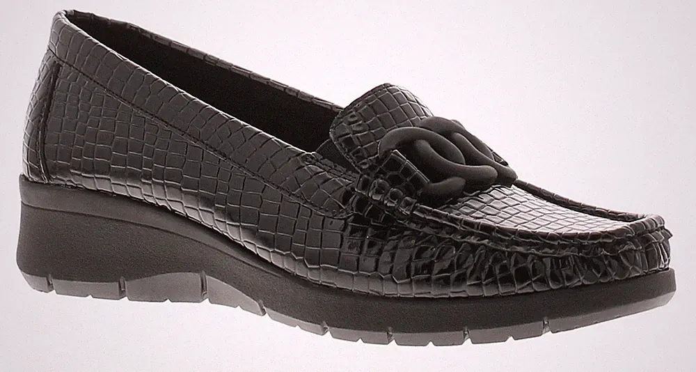 Comfisole Damen Curve Croc-Effekt Schlupfschuhe Loafer Keilabsatz Schwarz UK 7