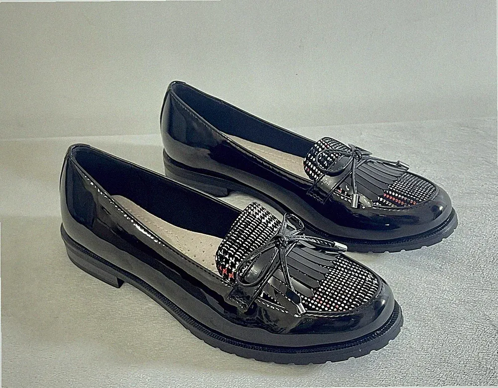 Damart Damen Mokassin schwarz Lack Tartan Design Halbschuhe Schuhe-UVP £39,00 (L6)