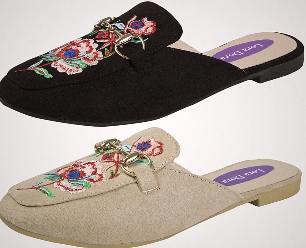 Damen Blumen Pantoletten bestickt rückenfrei Halbschuhe Metallic Kette Slides