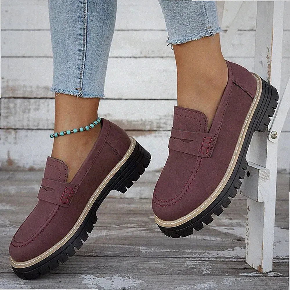 Damen Chunky Loafer Plateau Halbschuhe Velours Komfort Slipper Profilsohle