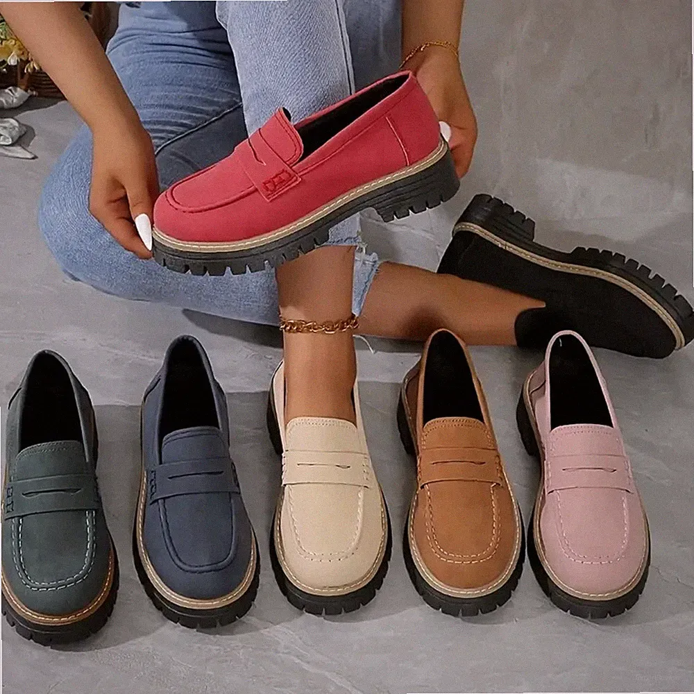 Damen Chunky Loafer Plateau Halbschuhe Velours Komfort Slipper Profilsohle