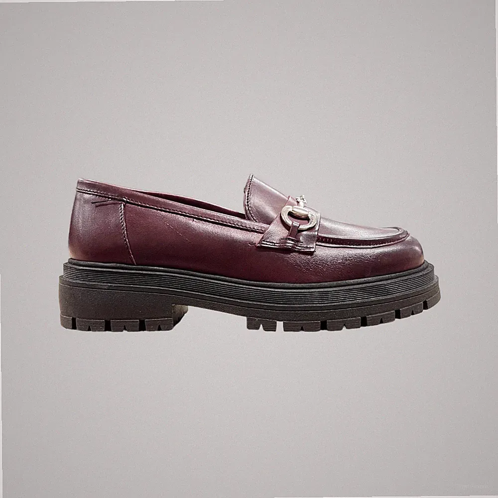 Damen College Halbschuhe Leder Bordeaux Klemme Hohe Sohle Made in Italy Loafers