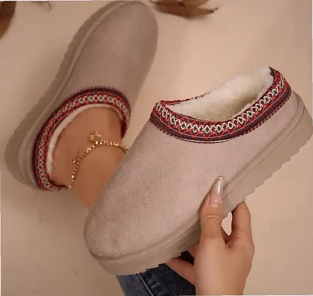 Damen Fellgefüttert Schneestiefel Runde Form Flache Schuhe Slip-On Winter-Loafer