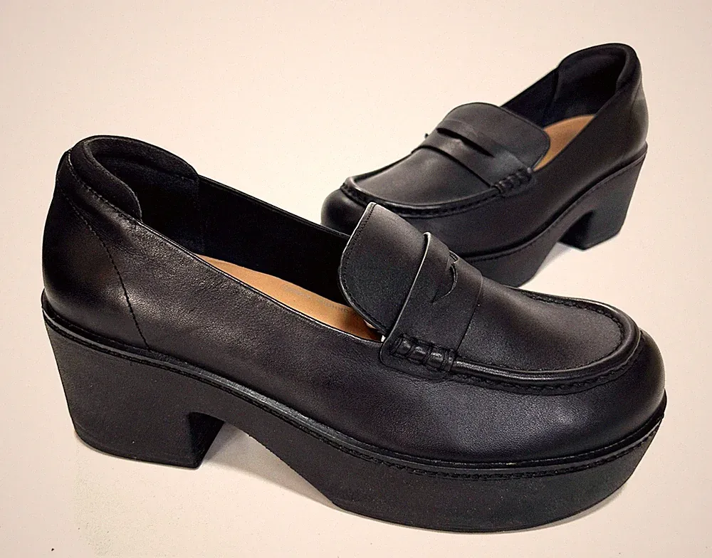 Damen FitFlop Pilar schwarz Leder Plateau Halbschuhe/Schuhe Größe UK 8 hervorragender Zustand