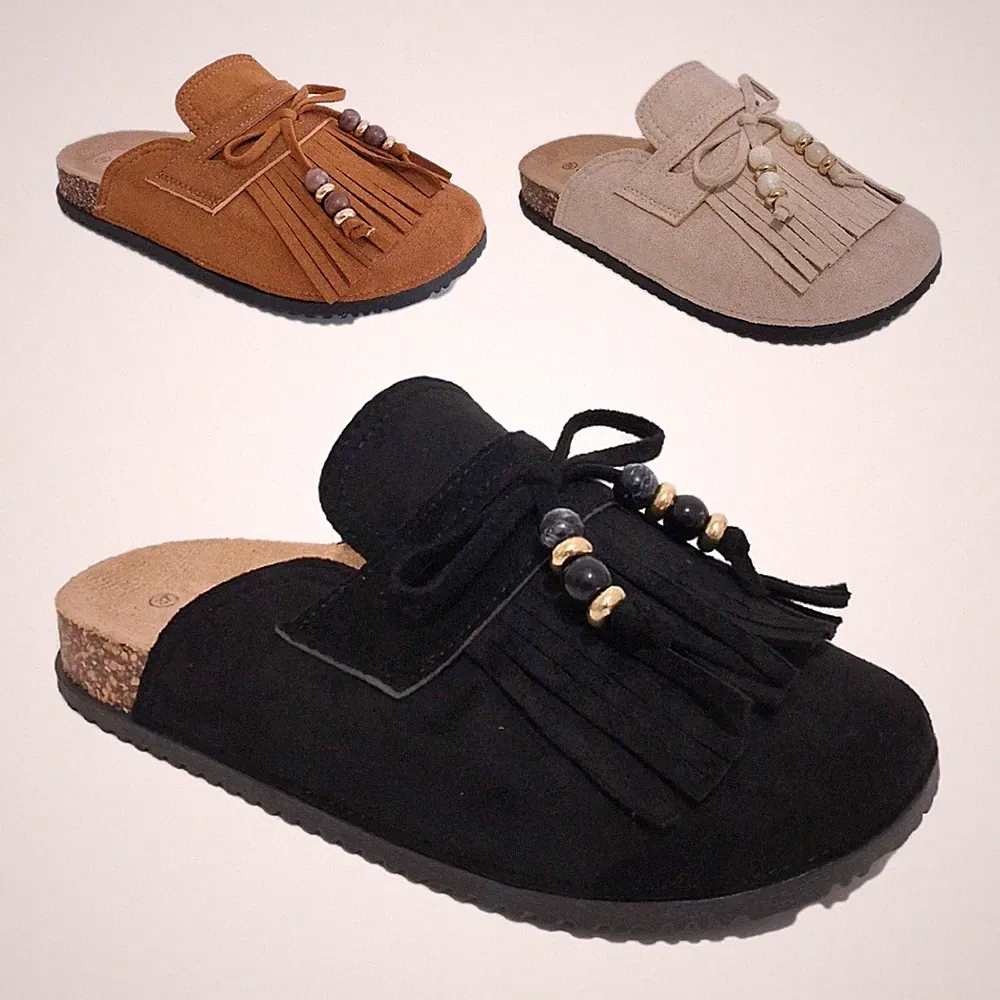Damen Flache Kunstleder Pantoletten Slipper Halbschuhe Quastendetail Sandalen Schuhe Größe