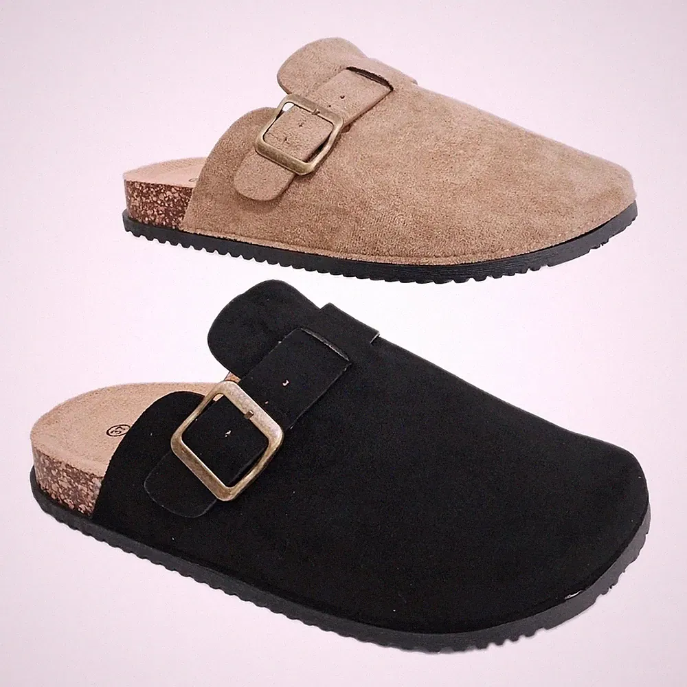 Damen Flache Kunstleder Pantoletten Slipper Halbschuhe Schnallendetail Sandalen Schuhe Größe
