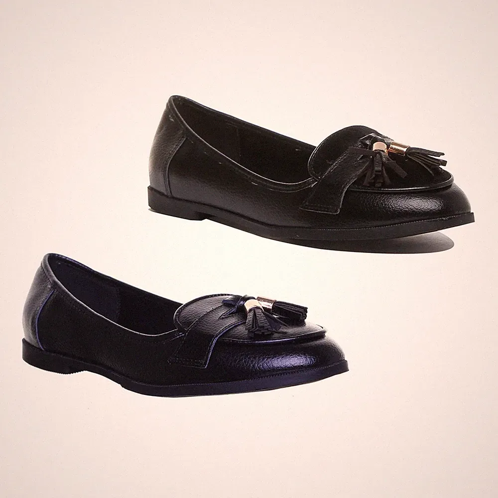 Damen Frauen Slipper Leder Halbschuhe mit Quaste in Schwarz Größe UK 2 - 8