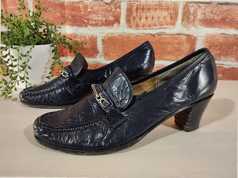 DAMEN-HALBSCHUH VINTAGE BARKER GRÖSSE 65 UK 4 SCHMALE PASSFORM MARINEBLAU HORSEBIT MIT ABSATZ