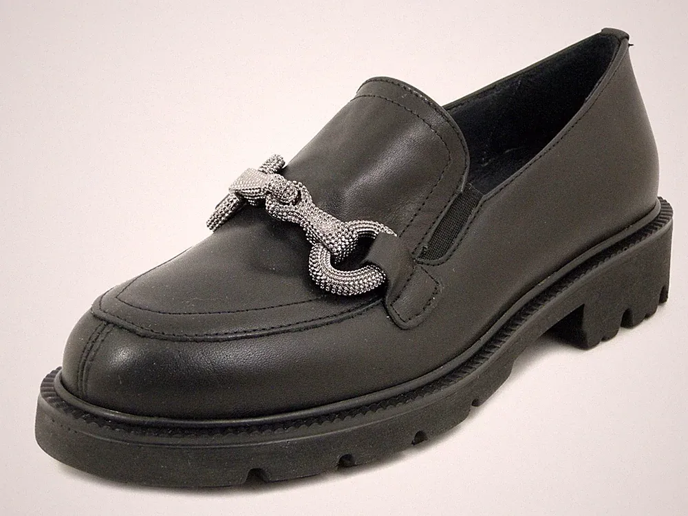 Damen Halbschuhe 36 Leder schwarz mit Kette niedriger Absatz Made in Italy