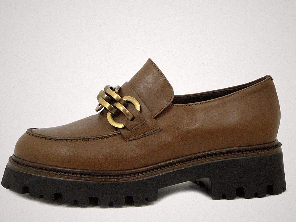 Damen Halbschuhe Leder braun mit Kette niedriger Absatz Made in Italy