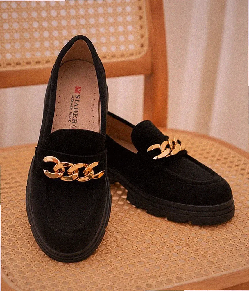Damen Halbschuhe schwarz trendig goldene Kette