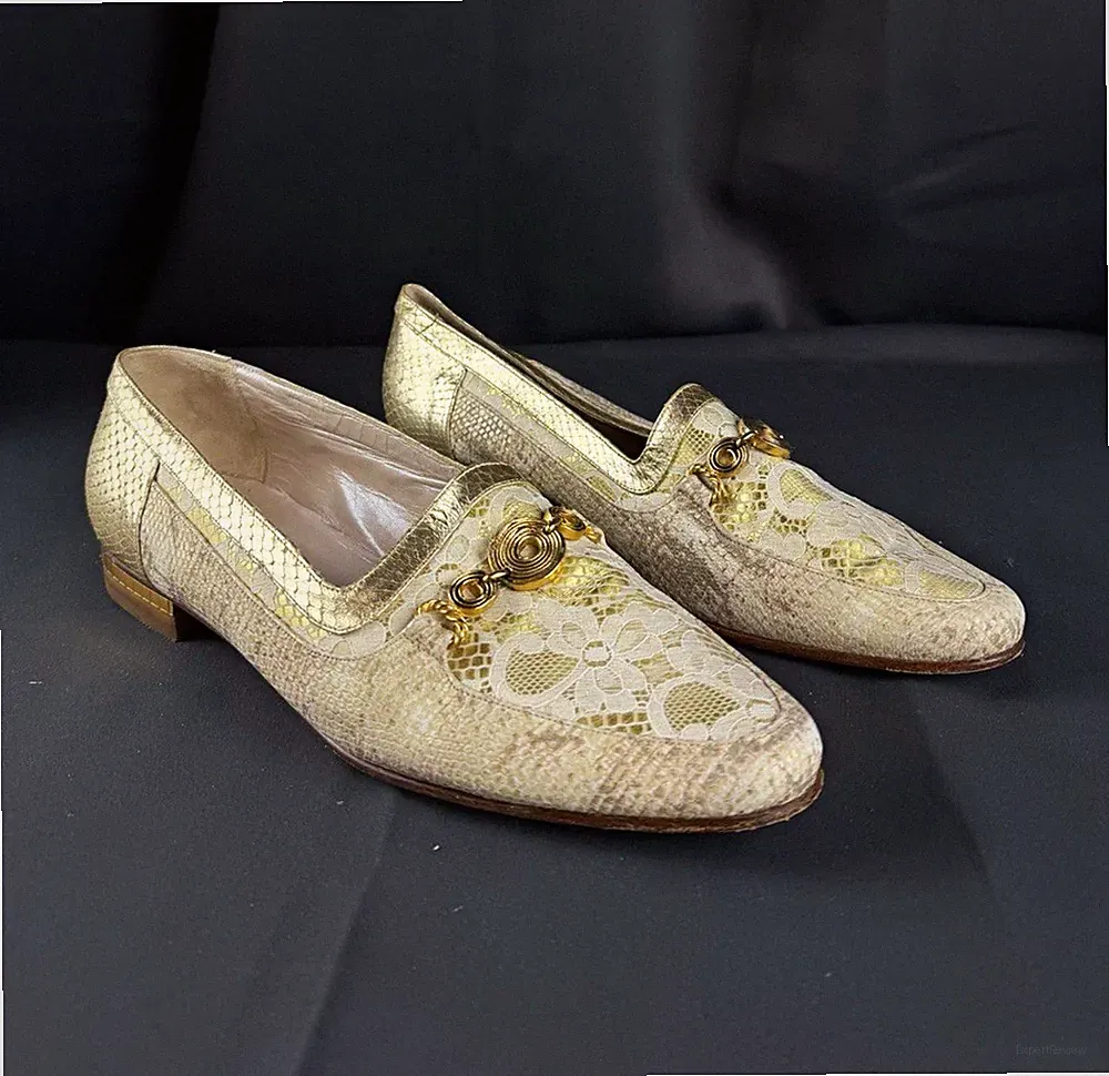 Damen Halbschuhe Slipper Loafer Leder Gold Tiermuster Kette Slip-On EU 40 Italy