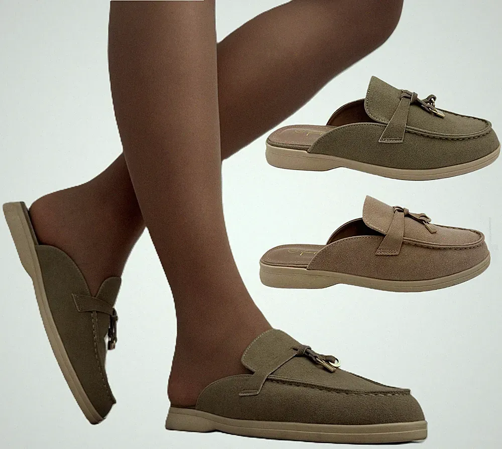 Damen Khaki Nude Flats Rückenfrei Halbschuhe Pantoletten Slipper Bequem Schuhe Größen