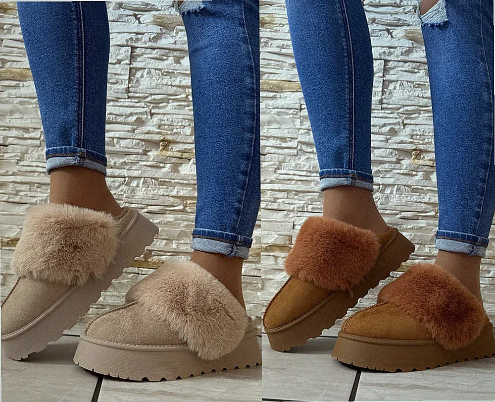 Damen Kunstleder Plateau Pantoletten Warm Slipper Halbschuhe Kuschelig Winter & Herbst Schuhe