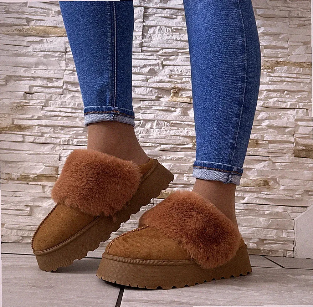Damen Kunstleder Plateau Pantoletten Warm Slipper Halbschuhe Kuschelig Winter & Herbst Schuhe