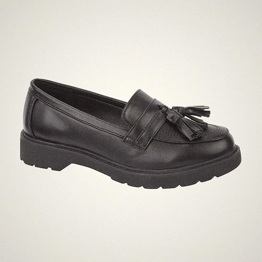 Damen-Loafer Arbeit Damen schwarz Mädchen Lack formell Quaste Schule UK 3 4 5 6 7 8