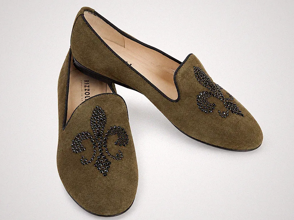 Damen Loafer Gr. 39 Rizzolli Veloursleder Olivgrün Strass Fleur-de-Lis Italien