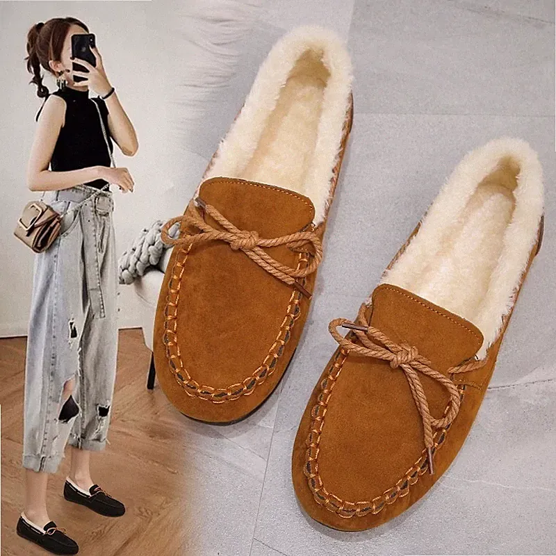 Damen Mokassin Hausschuhe Halbschuhe Wildlederimitat warm Fleece gefüttert Outdoor Winter