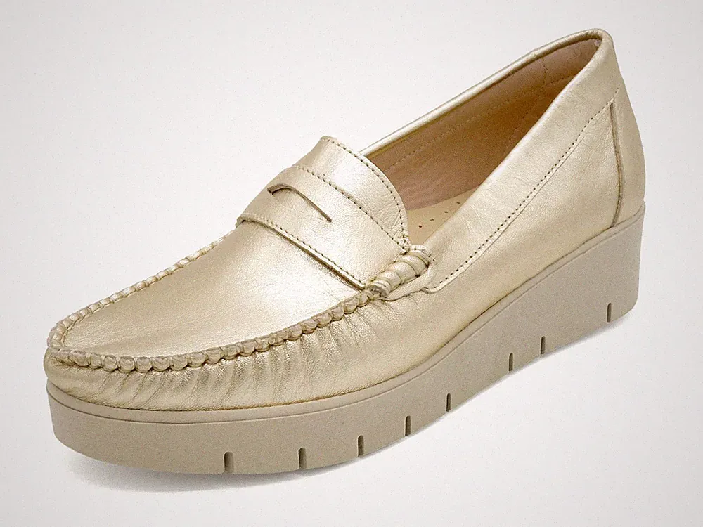 Damen Mokassins Leder Loafer Schlupfschuhe mit Keil Absatz Echtleder gold NEU