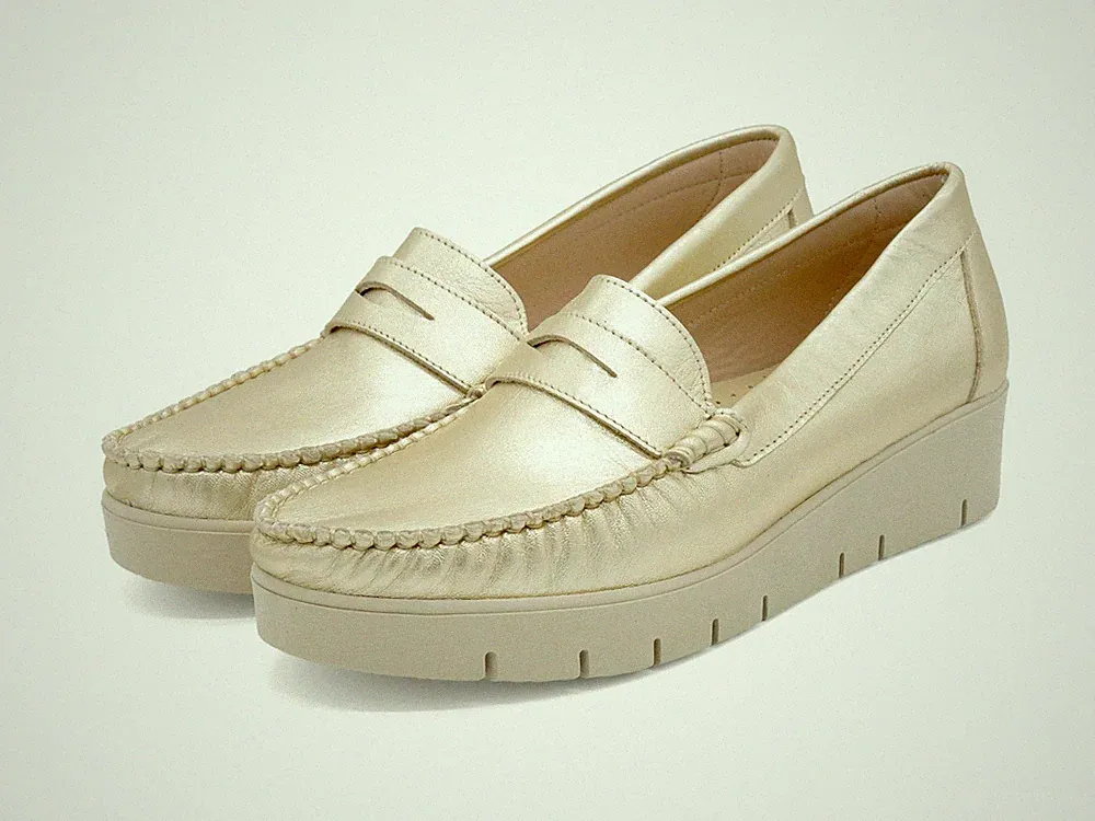 Damen Mokassins Leder Loafer Schlupfschuhe mit Keil Absatz Echtleder gold NEU