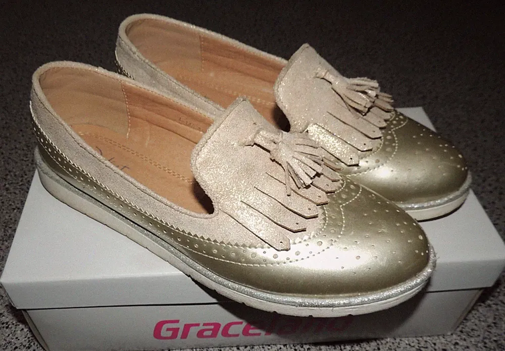 Damen Mokassins Loafer Gold Glitzer Lackoptik Synthetik Gr. 39 Juliet