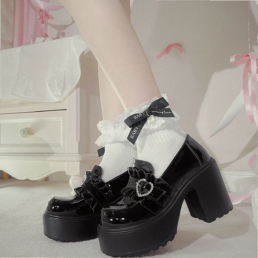 Damen Pu Leather Loafers Gothic Pumps Chunky High Heels Pump Jk Uniform Schuhe