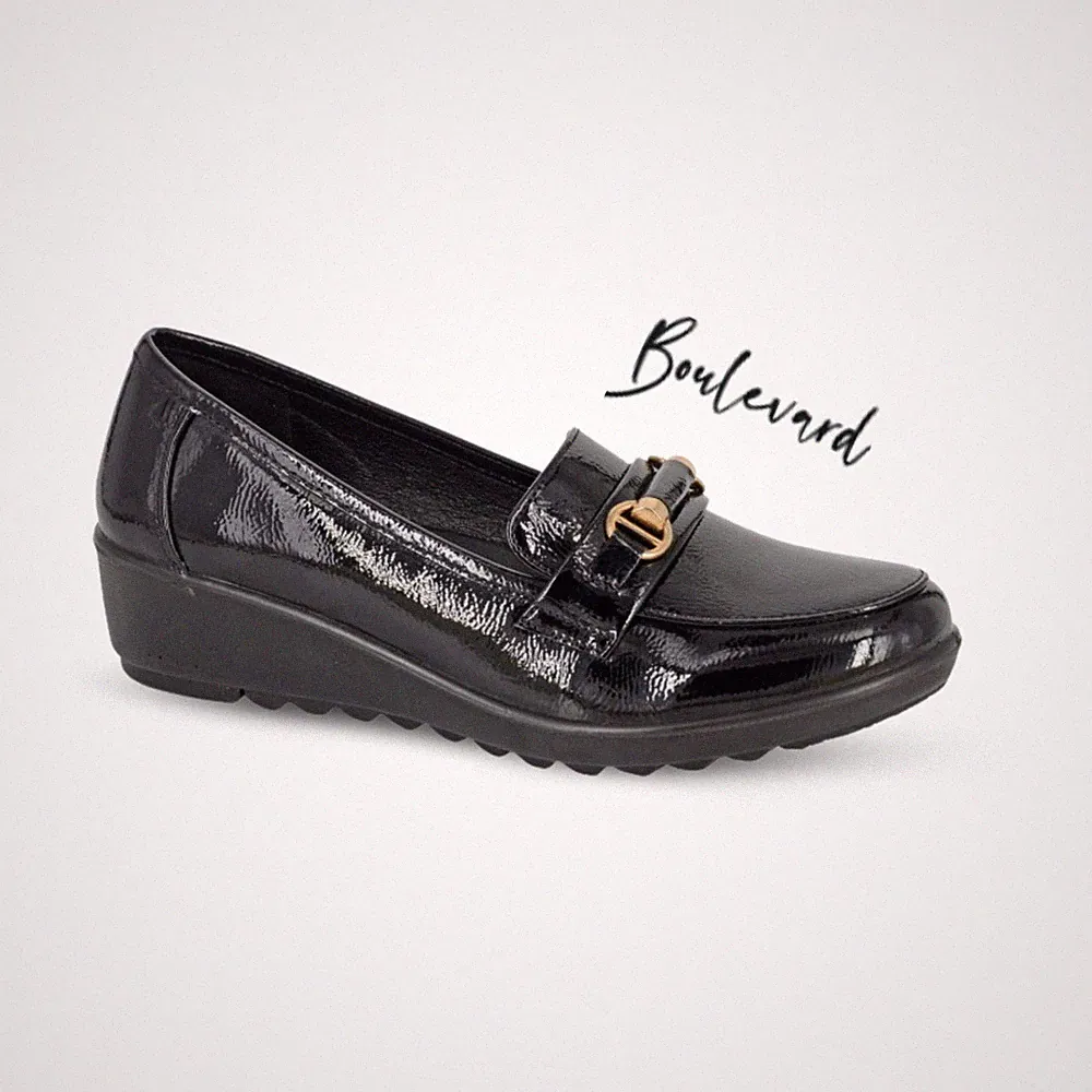 Damen Saddle Loafer Keilabsatz Schuh gepolstert Lack klobig Smart Büro Schule College