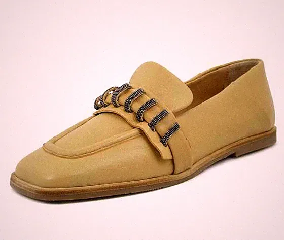 Damen Schuhe Halbschuhe Leder Beige Nude mit Kette Low Heel MJUS