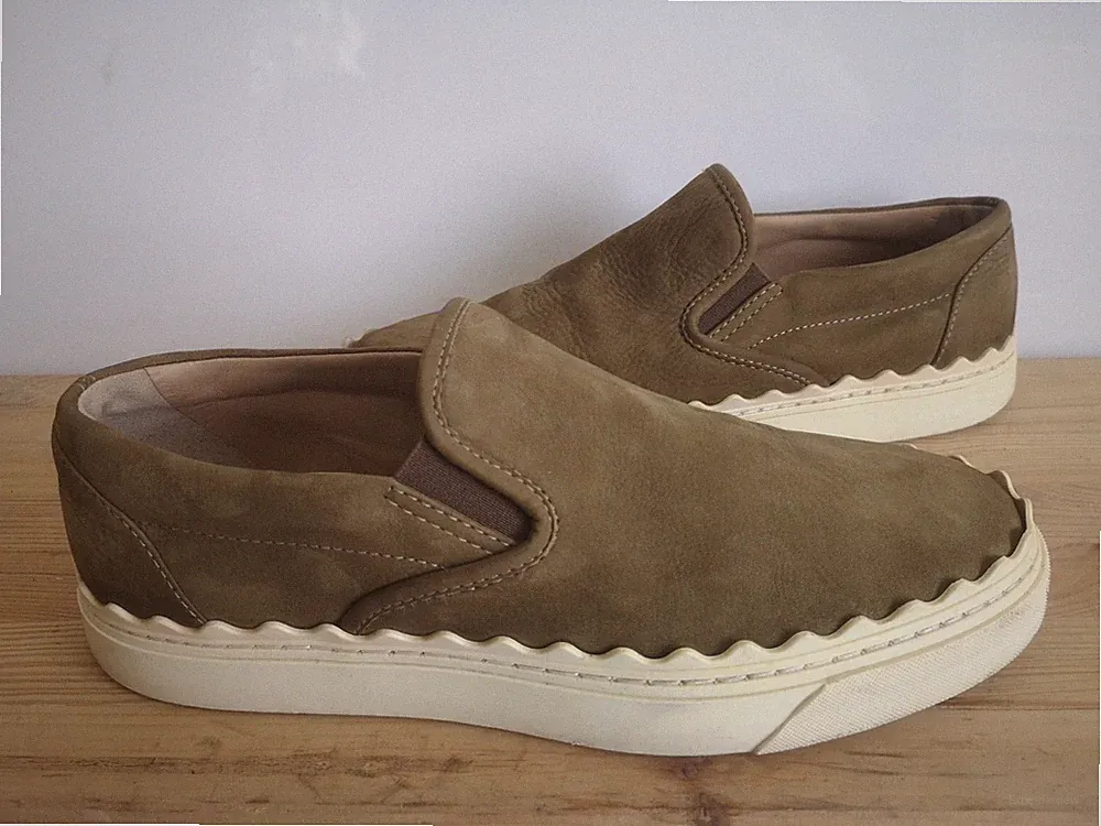 Damen Schuhe Mokkasins Loafers Slip On Slipper Chloe Gr 40 olive creme Leder