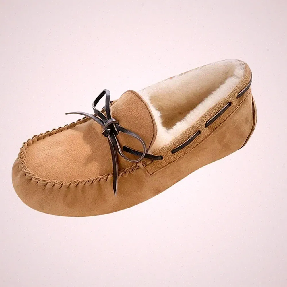 Damen Shearling-Leder Loafer Mokassins, Slip-On, Winterwarm, Neu 2025