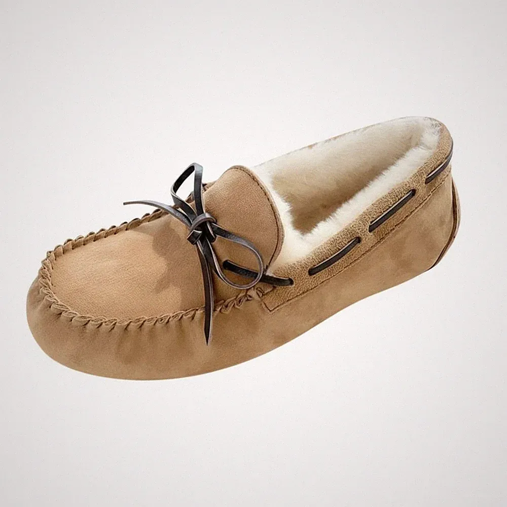 Damen Shearling Mokassin Loafer, Echtes Leder, Plüschfutter, Winter 2025