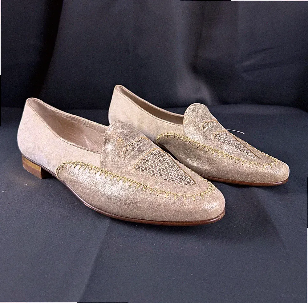 Damen Slipper Loafer Wildleder Gold Metallic EU 40 Made in Italy mandelförmig