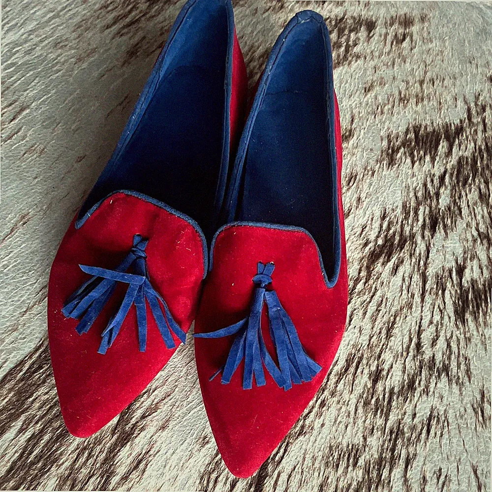 Damen Slipper tassel loafer Wildleder Rot/Blau Quasten spitz Slip-On EU 40