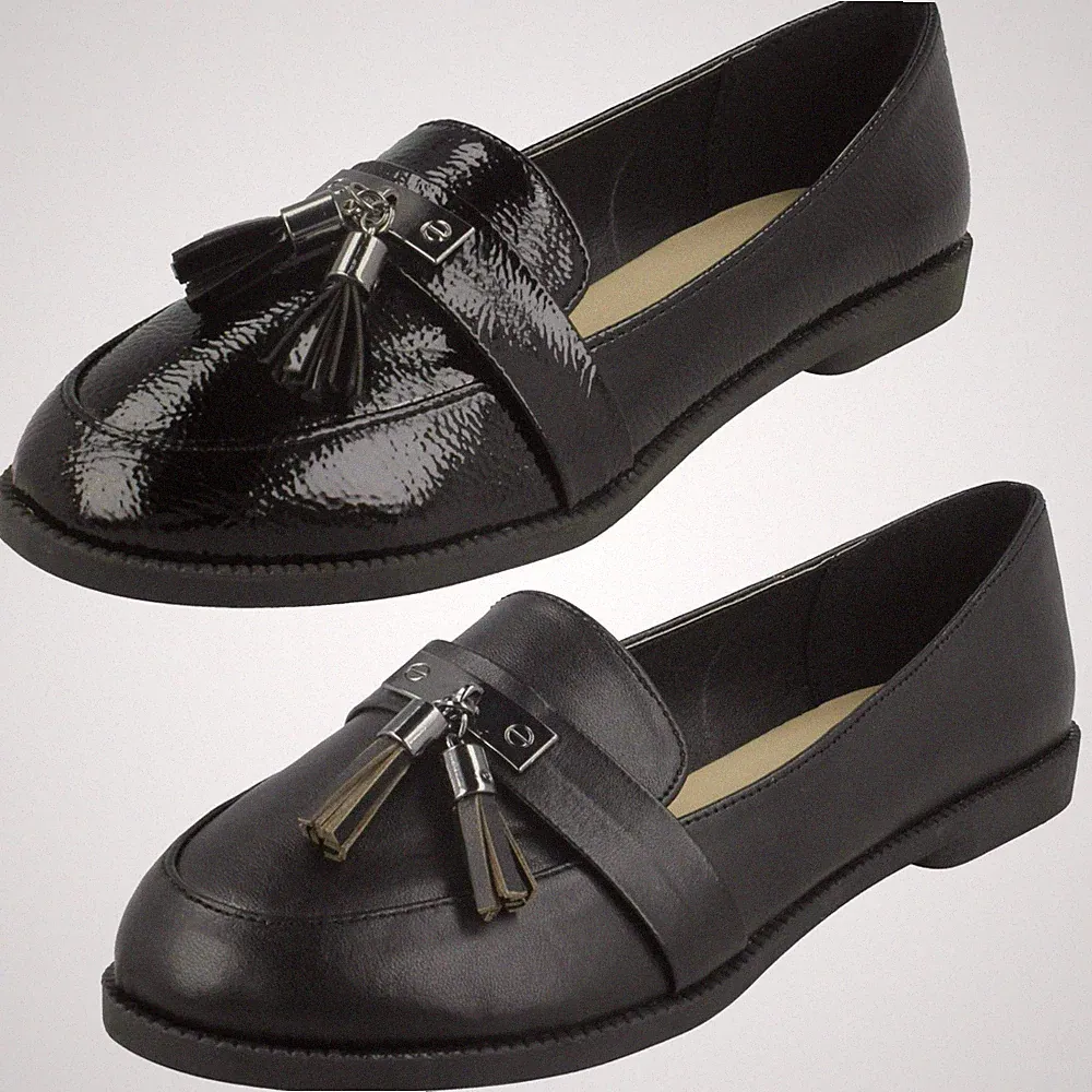 Damen Tassel Besatz Büro Slip-On Arbeit Schwarze Lack Flache Pumps Damen Loafer