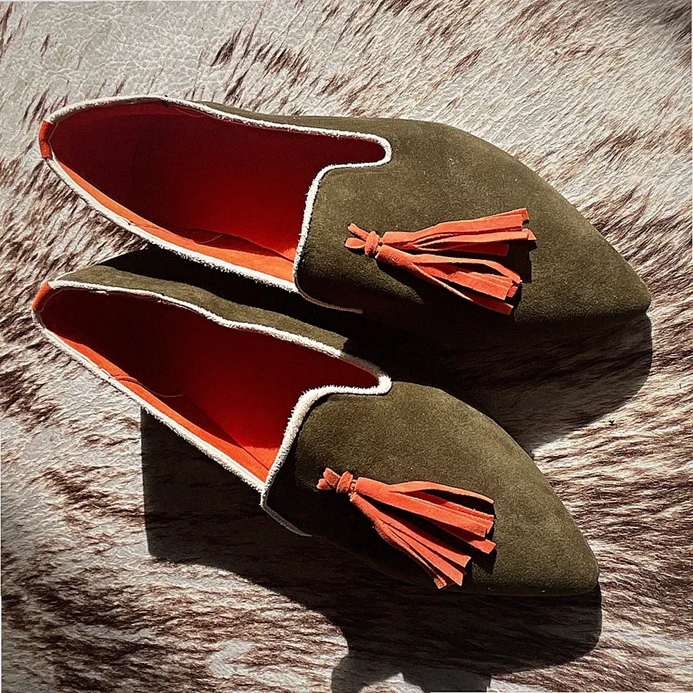 Damen tassel loafer Wildleder Grün/Orange Quasten spitz Slip-On Gr. 40 neu