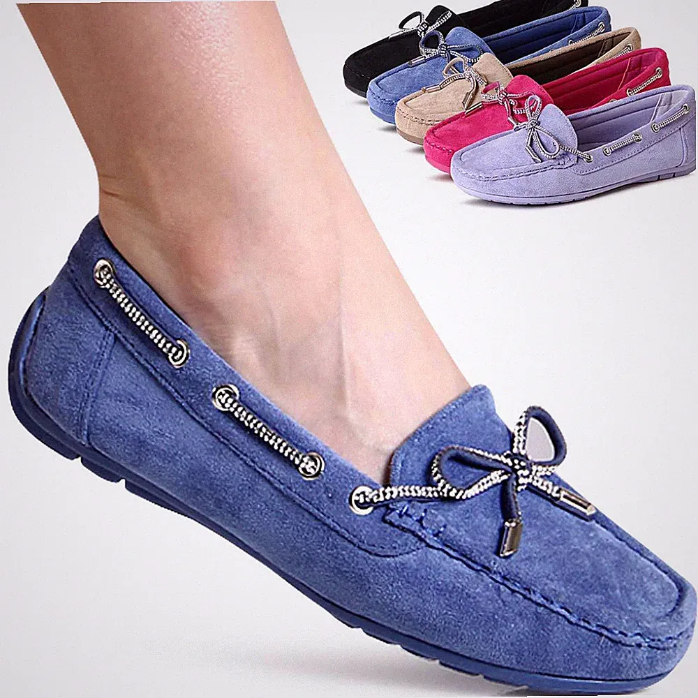 Damen Velours Mokassins Komfort Slipper Halbschuhe Loafer Glitzer Schleife