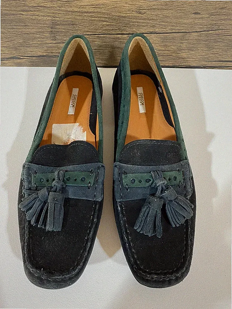 Damenschuhe Geox Respira marineblau & grün Wildleder Quaste Loafer UK 4